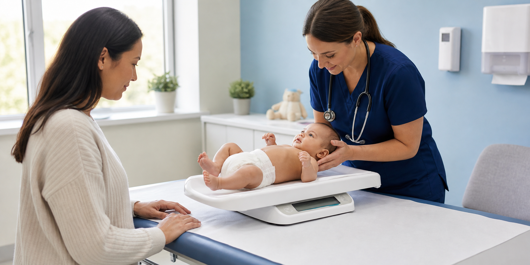 A clinician safely positions a diapered newborn on an infant scale while a parent watches.