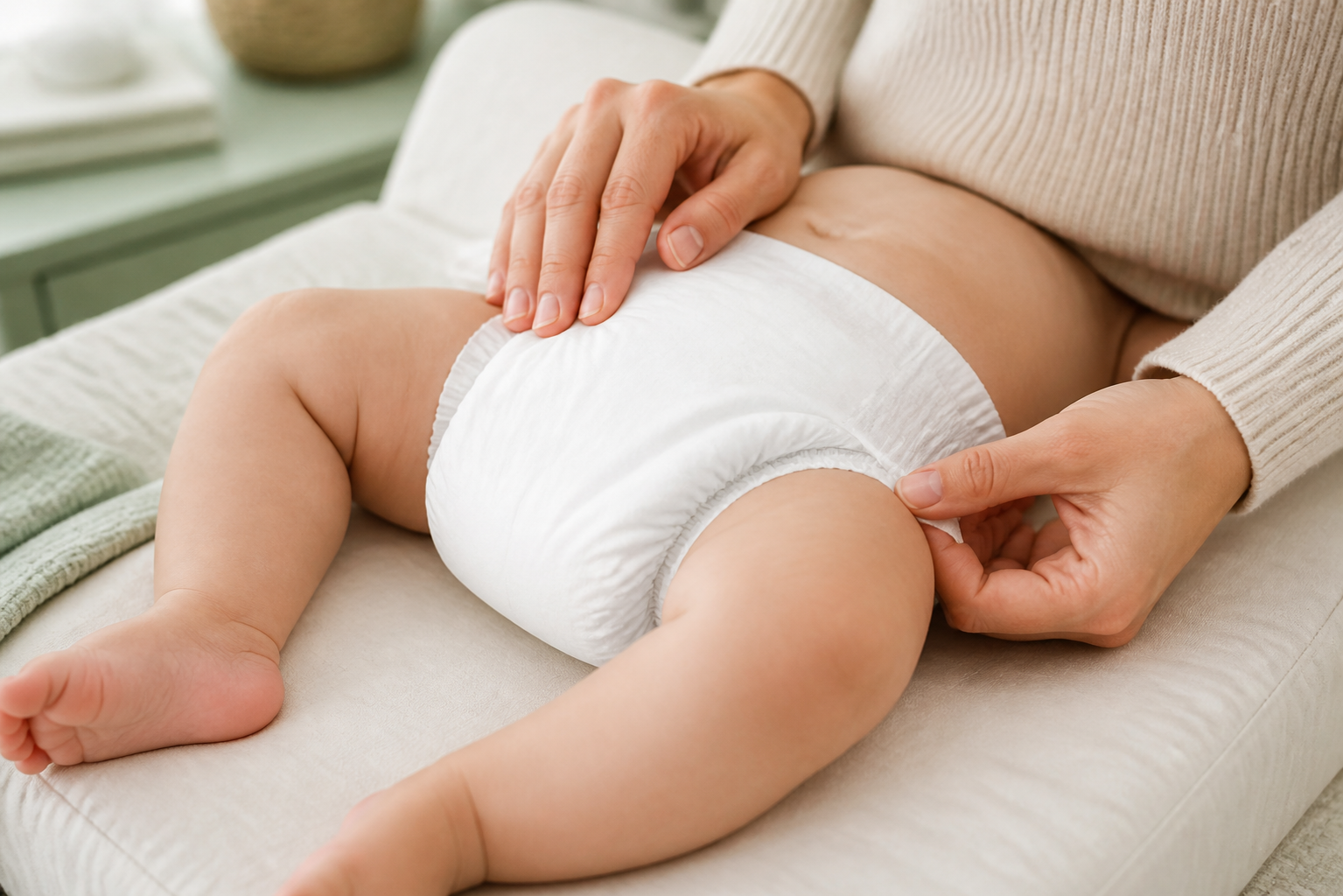 A caregiver checks the leg seal and smooths the waistband of a plain white diaper on a baby lying on a changing mat.