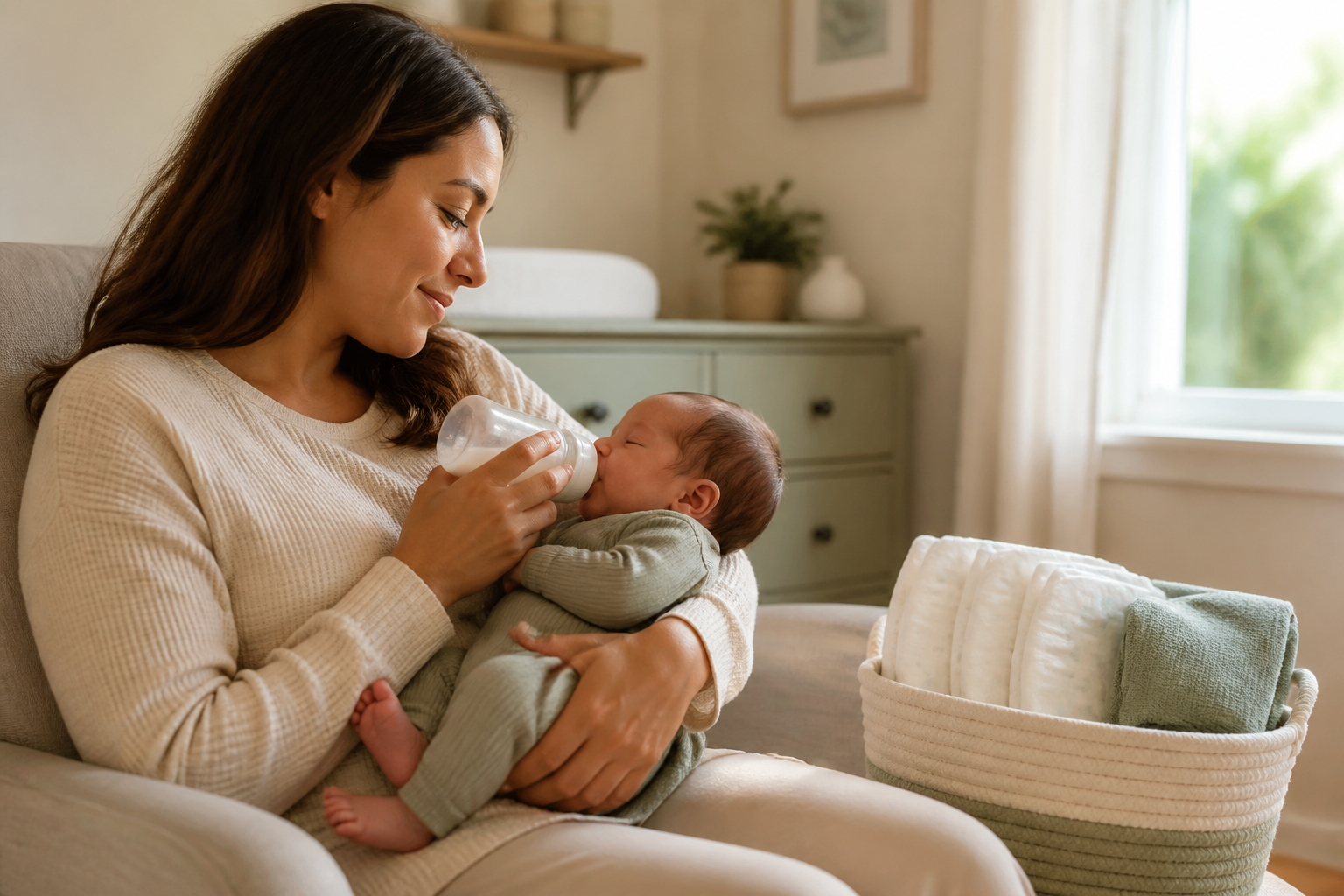A caregiver feeds a newborn in a softly lit nursery beside a basket of clean diapers.