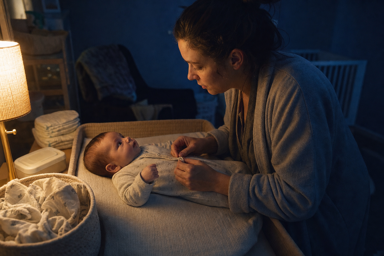 A parent handles a late-night diaper change with clean clothes and basic supplies ready beside the changing surface.