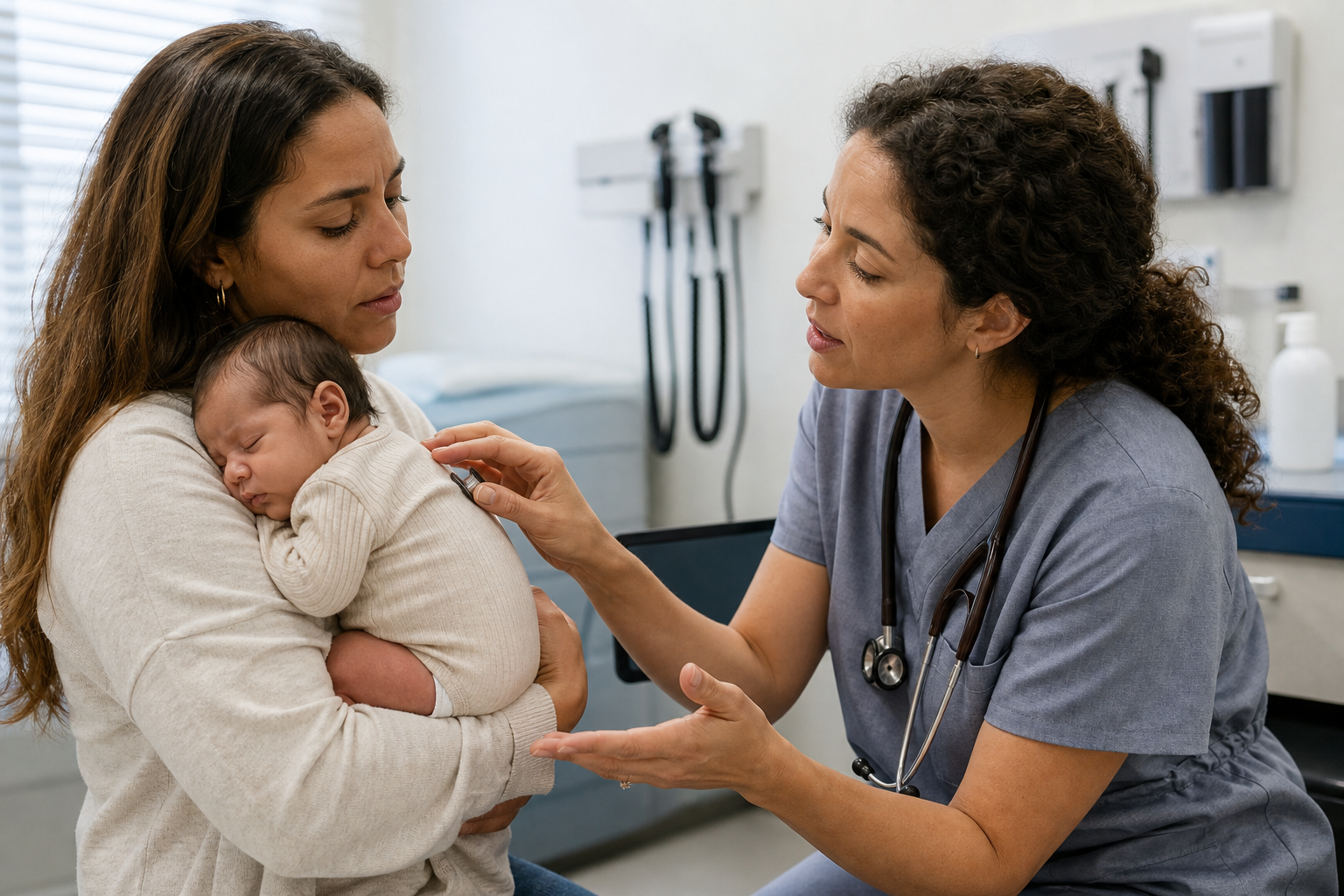 A concerned caregiver holds a sleepy newborn while a pediatric clinician begins an assessment.