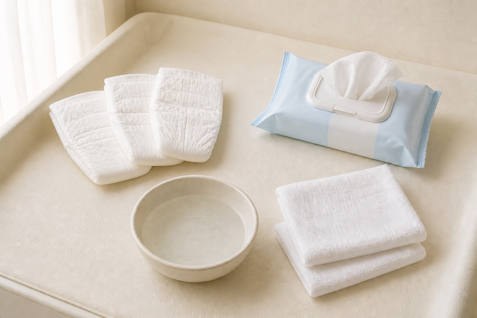 A small group of plain diapers, an unbranded wipes pack, a bowl of water, and folded cotton cloths are arranged on a changing surface.