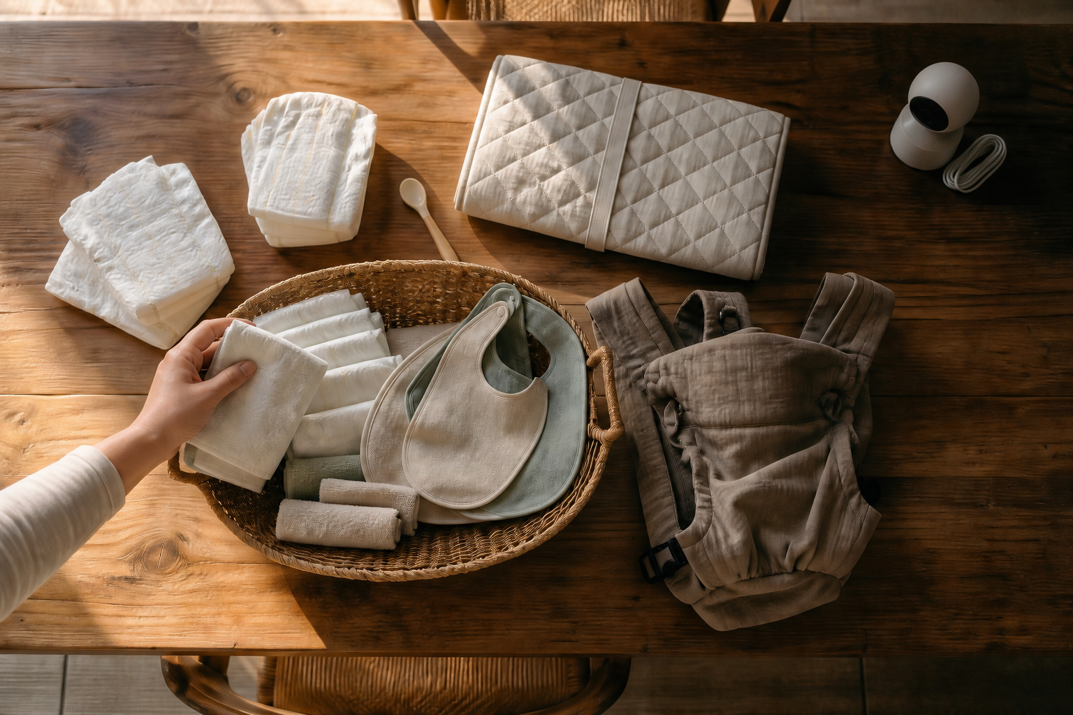 A parent sorts frequently used diapers, cloths, bibs, and a carrier beside an unused electronic baby gadget.