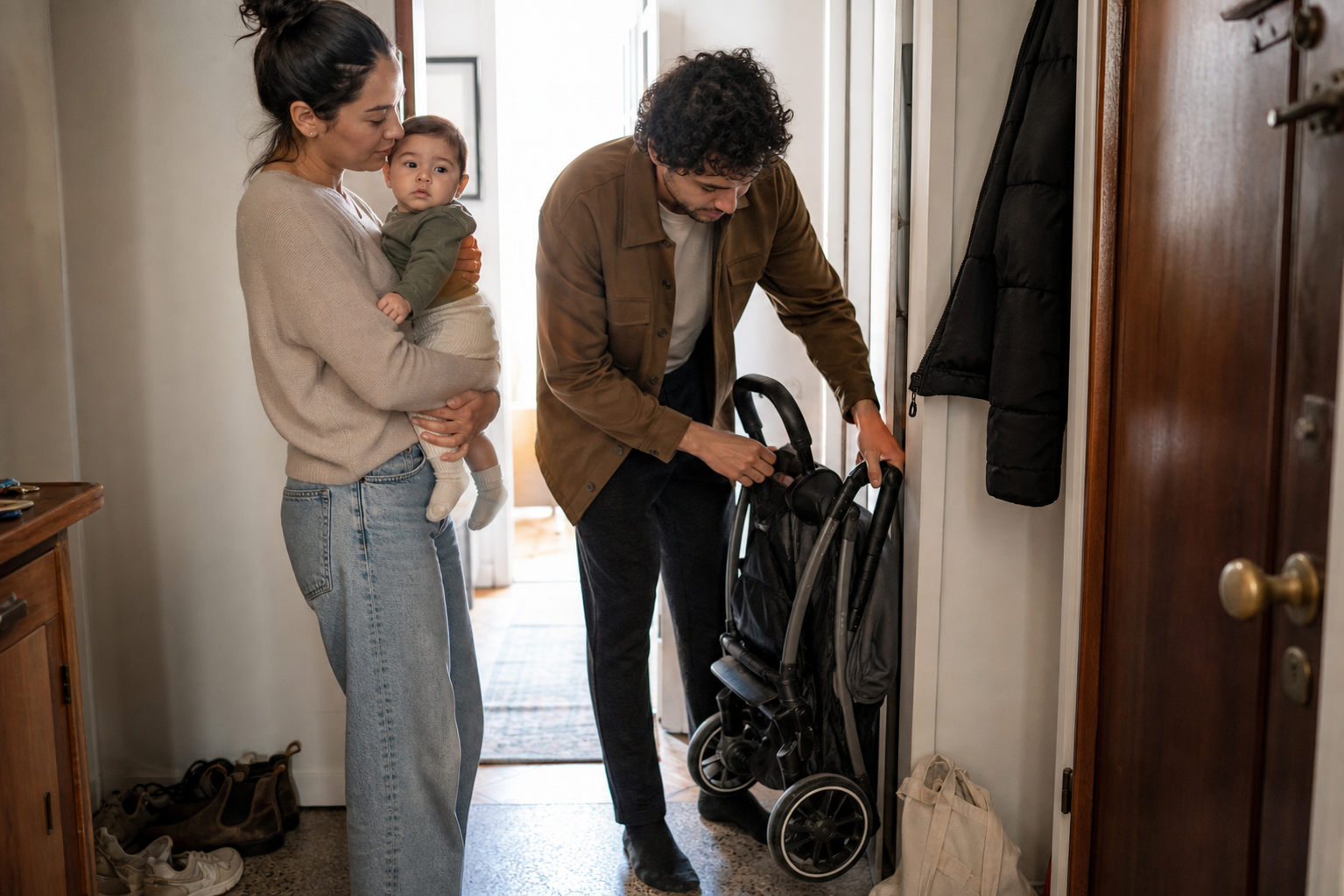 Two caregivers test whether a folded stroller fits beside the narrow entrance of their apartment.