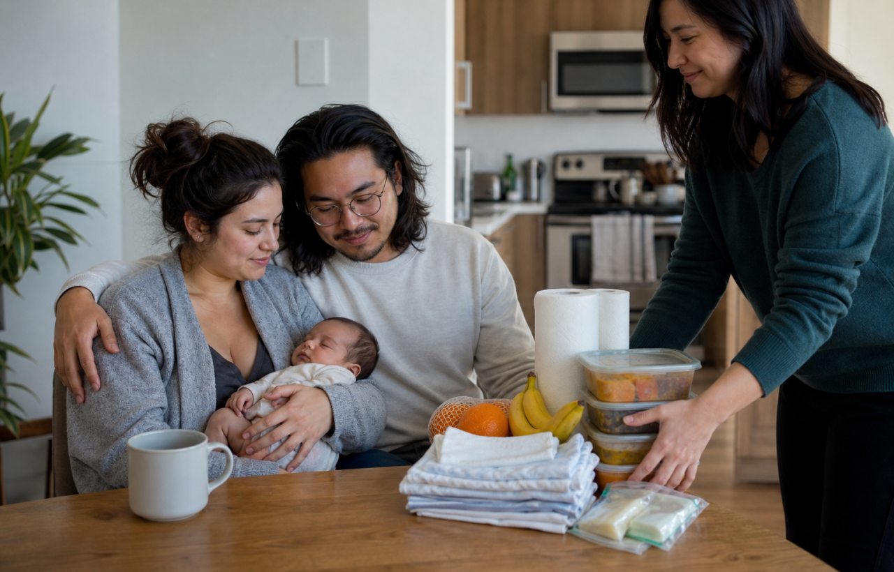 A friend delivers prepared meals and household supplies to two new parents sitting with their sleeping newborn at a kitchen table.