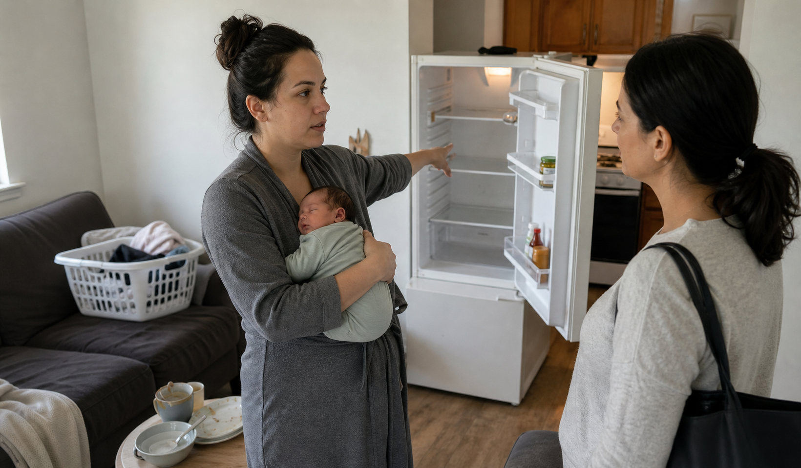 A visitor listens as a parent holding a newborn points toward an almost empty refrigerator, with laundry and dishes nearby.