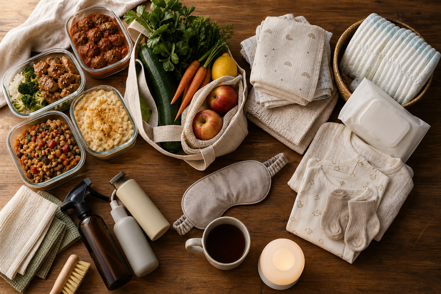 Prepared meals, groceries, diapers, folded cloths, cleaning supplies, and rest items are arranged on a wooden table.