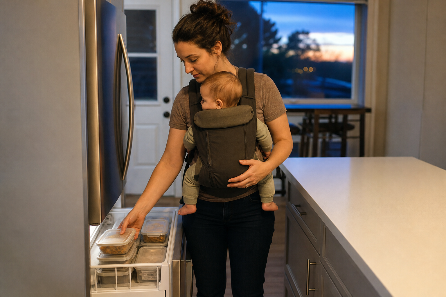 A parent wearing a baby in a carrier reaches for a prepared meal from a neatly stocked freezer drawer.
