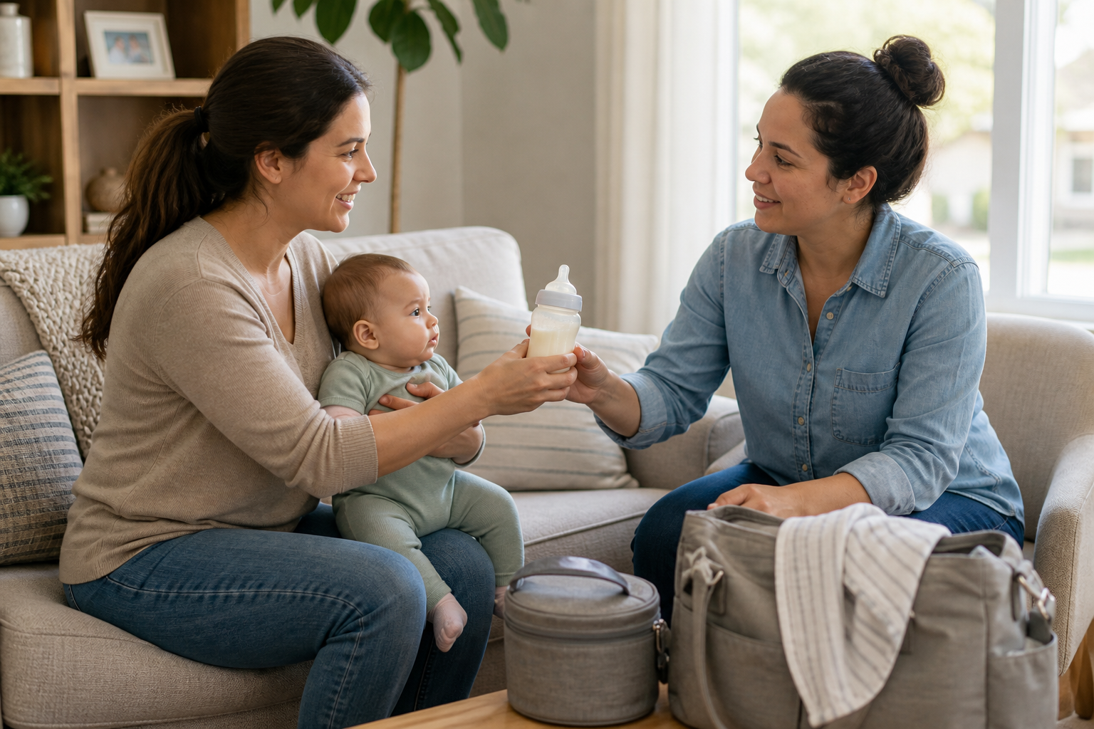 A parent passes a prepared bottle to a caregiver holding a baby during a practice feeding handoff at home.