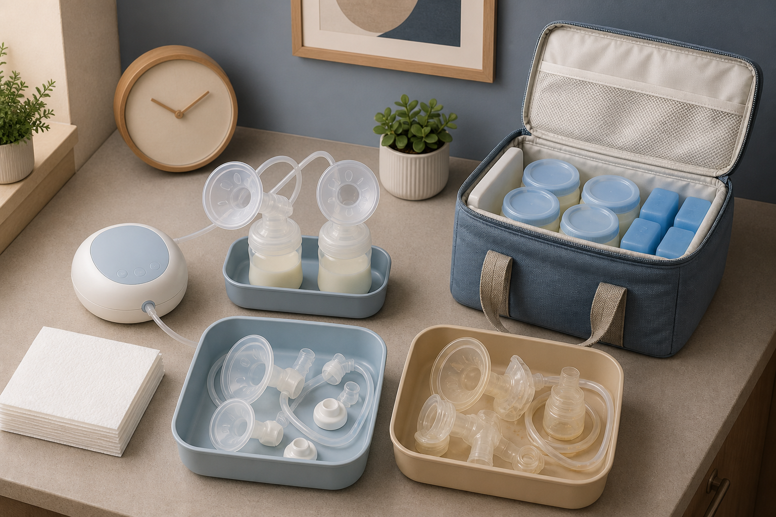 An organized workplace pumping setup includes a breast pump, clean parts, sealed milk containers, ice packs, and an insulated cooler.
