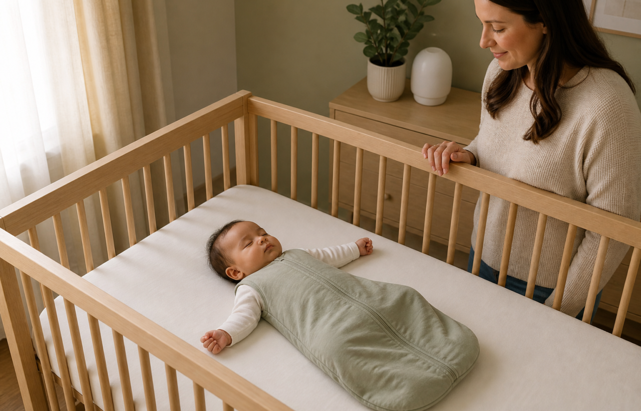A baby sleeps on their back in a bare crib while a parent watches from beside the rail.