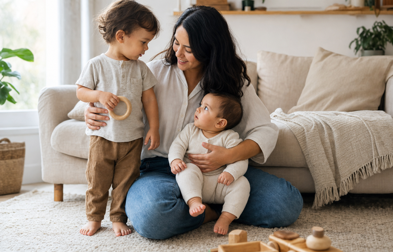 A parent sits on a living-room rug with a baby on their lap and a young toddler standing beside them.