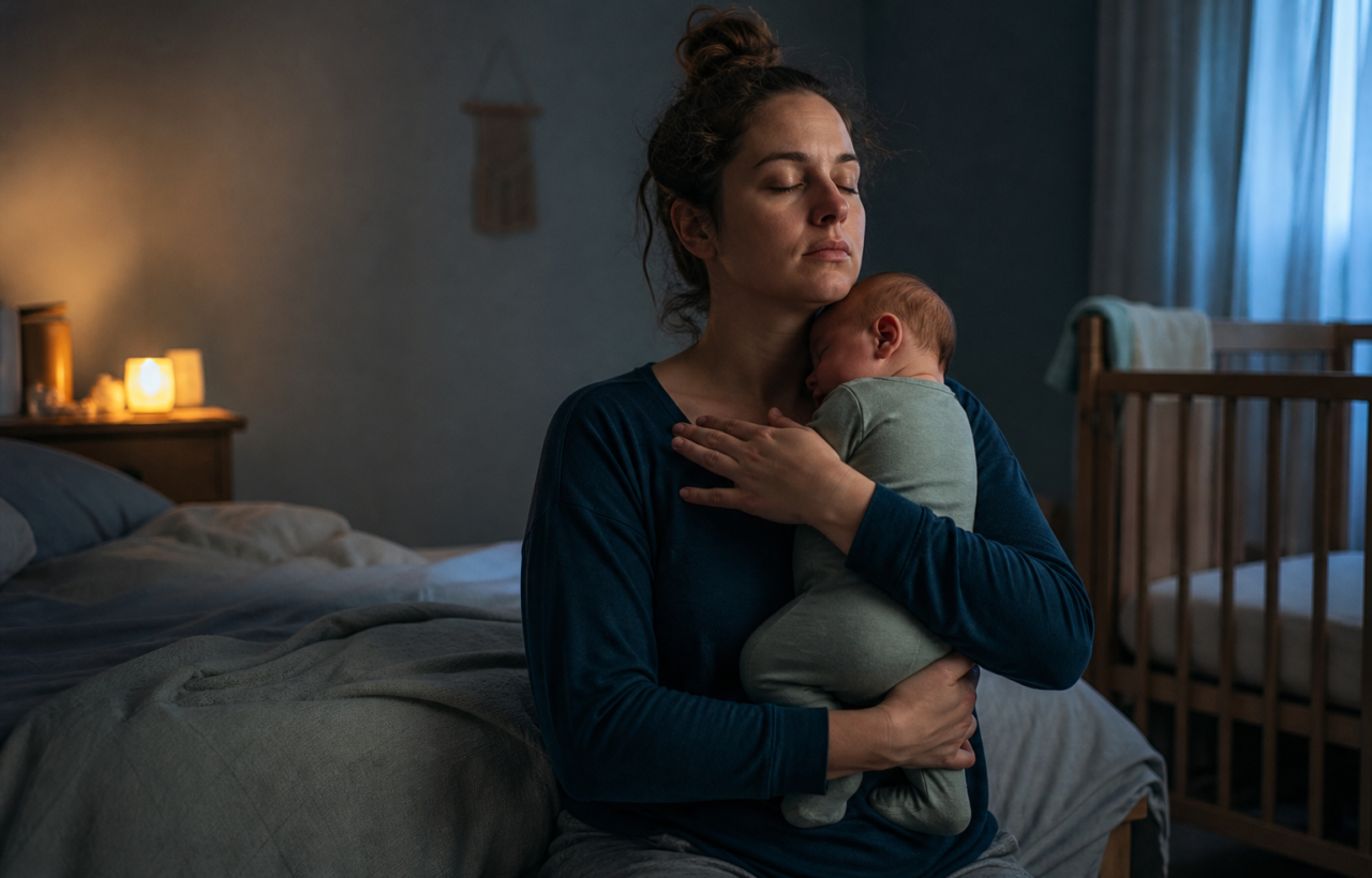 A tired parent pauses and breathes while holding an infant in a softly lit nursery before dawn.