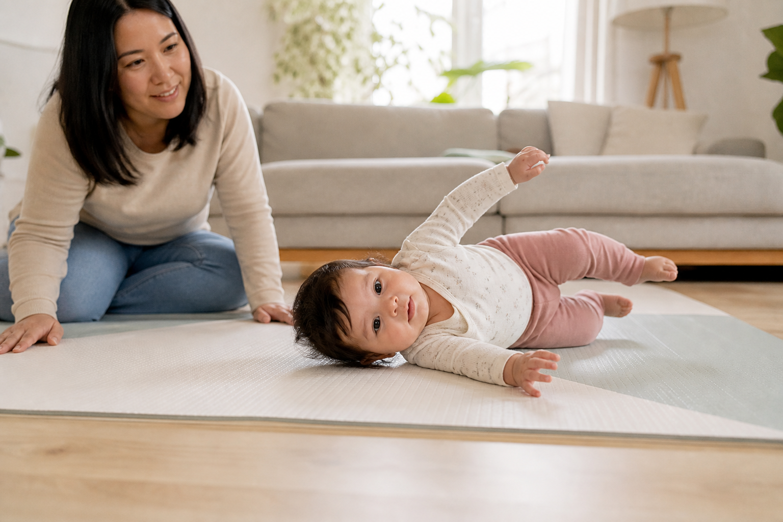 An awake baby practices rolling on a firm floor mat while a parent supervises nearby.