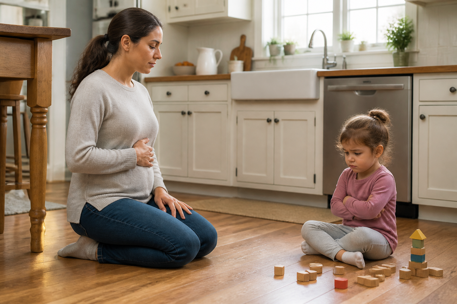 A parent pauses to breathe while kneeling near an upset young child on a kitchen floor.