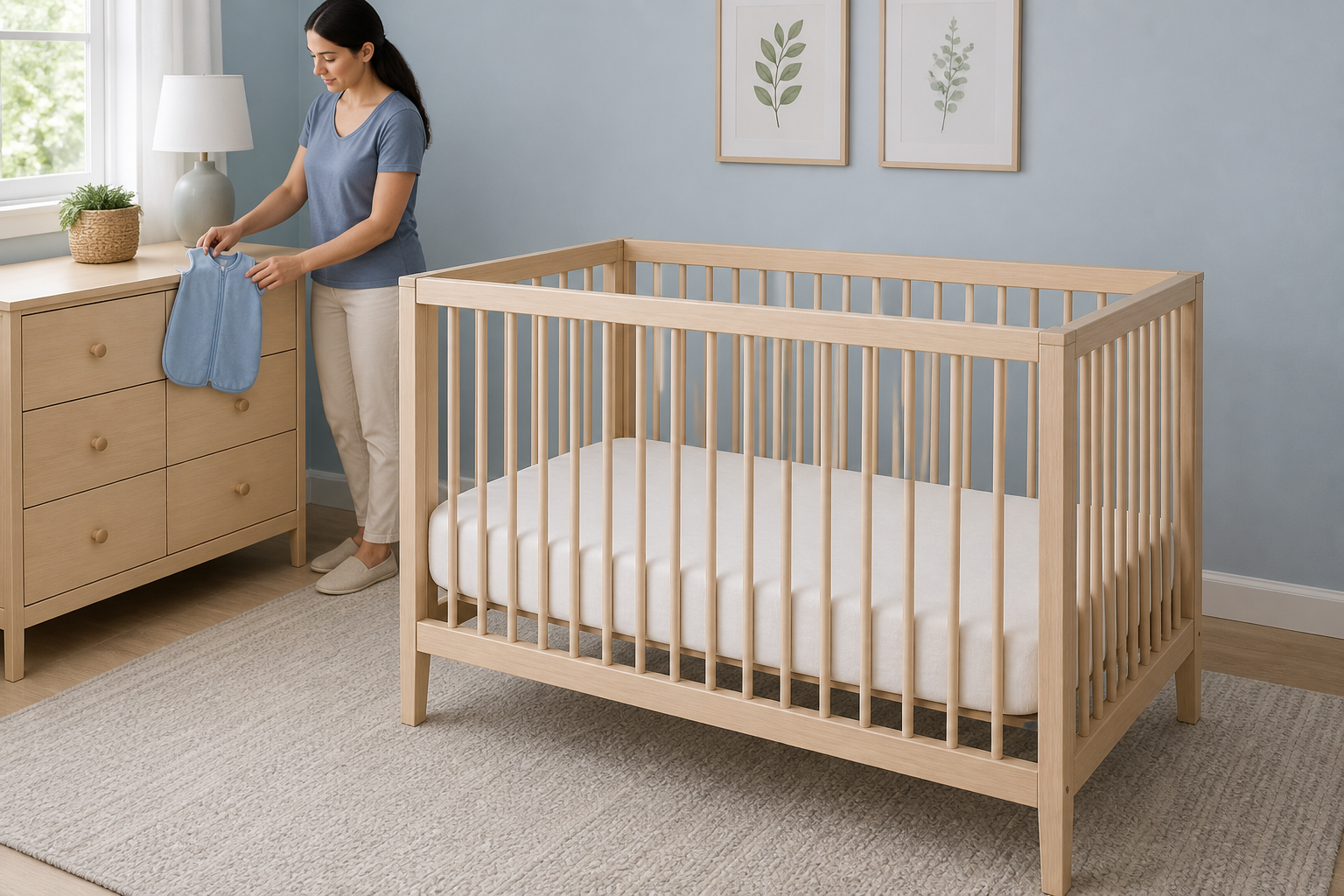 A caregiver prepares an empty crib with a firm mattress and tightly fitted sheet.