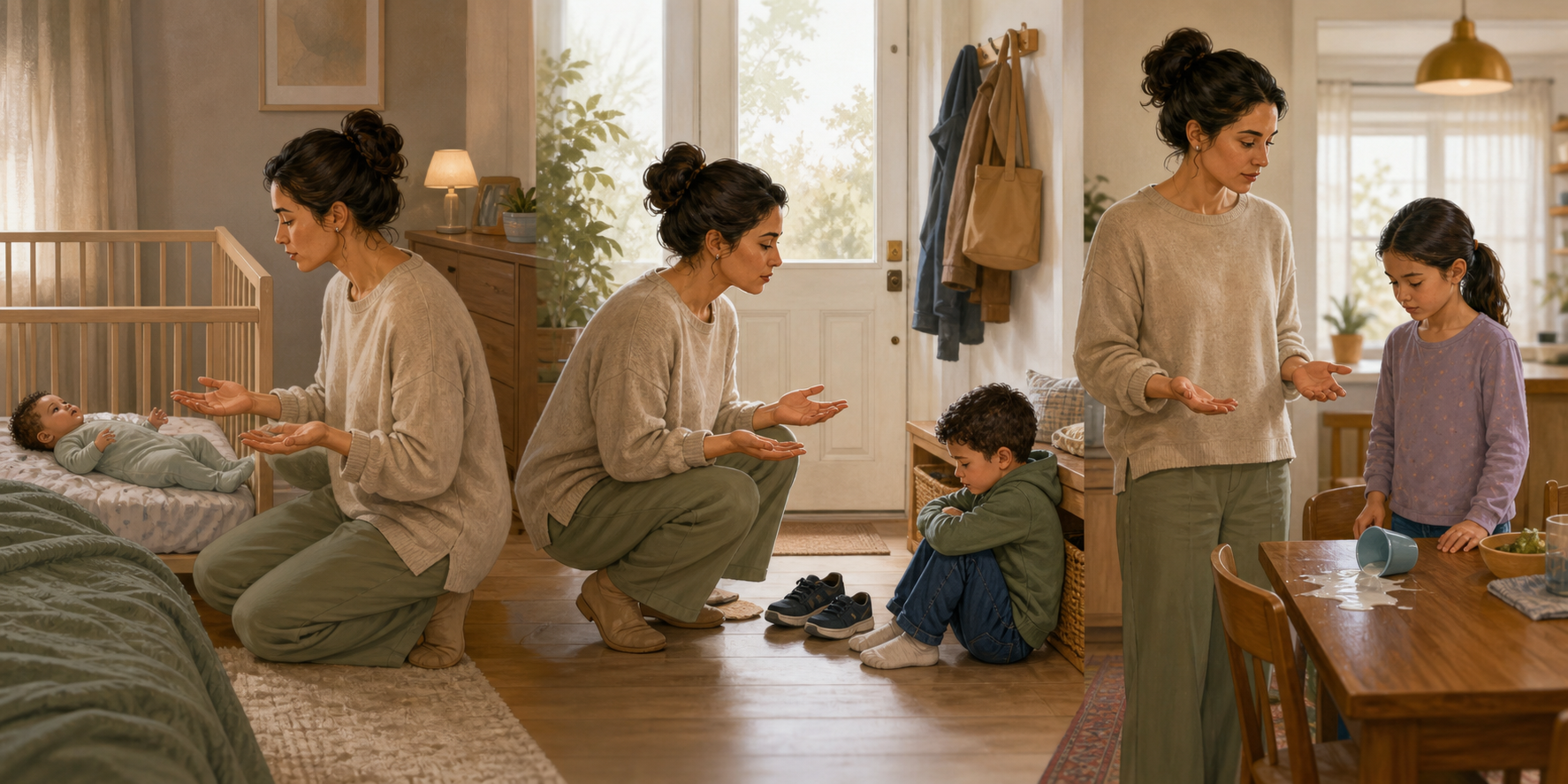 Three connected home scenes show a parent pausing during a baby's waking, a toddler's refusal, and a spilled drink.