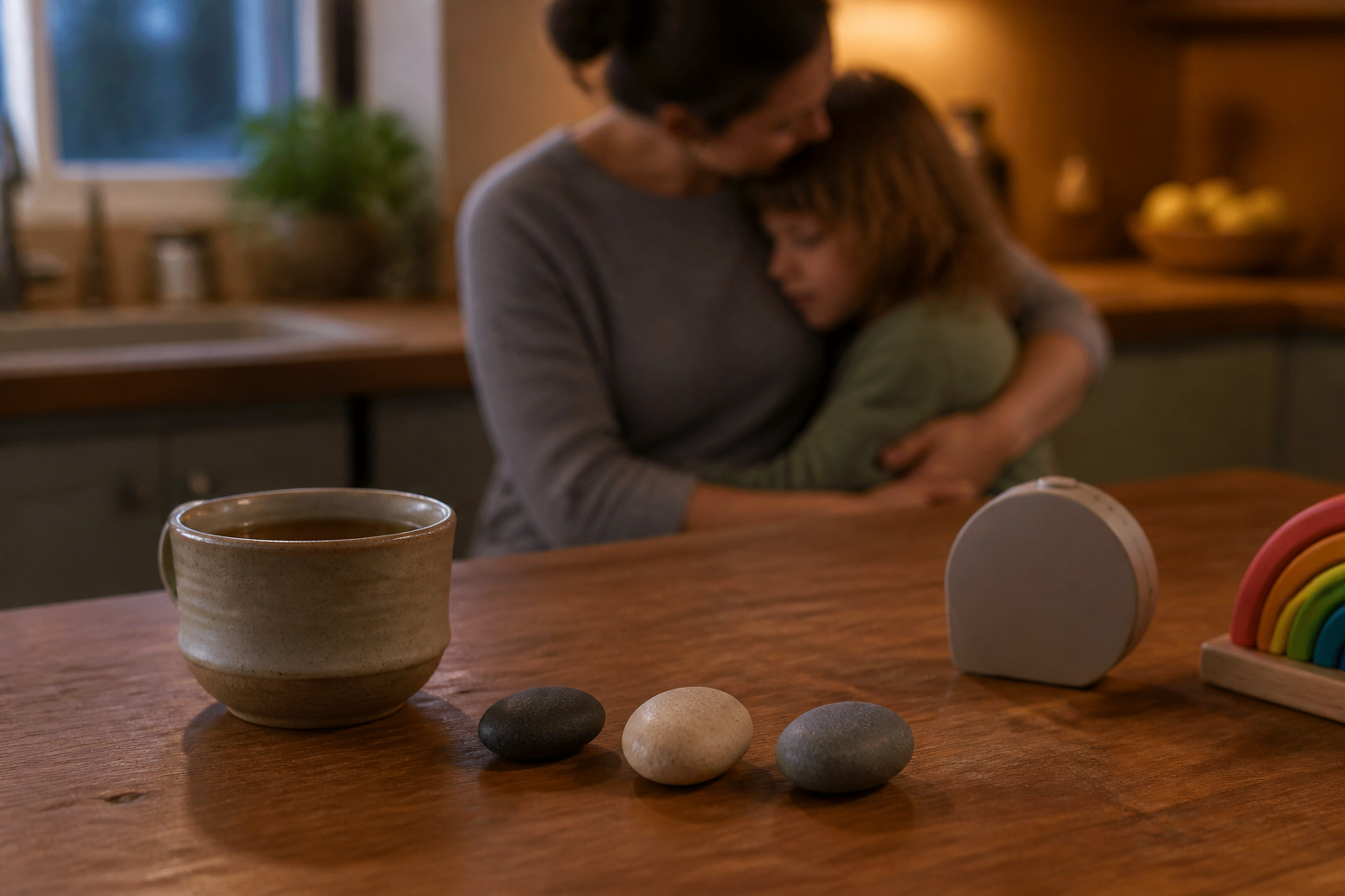 Three pebbles sit beside a cup while a parent and child share a gentle hug in the background.