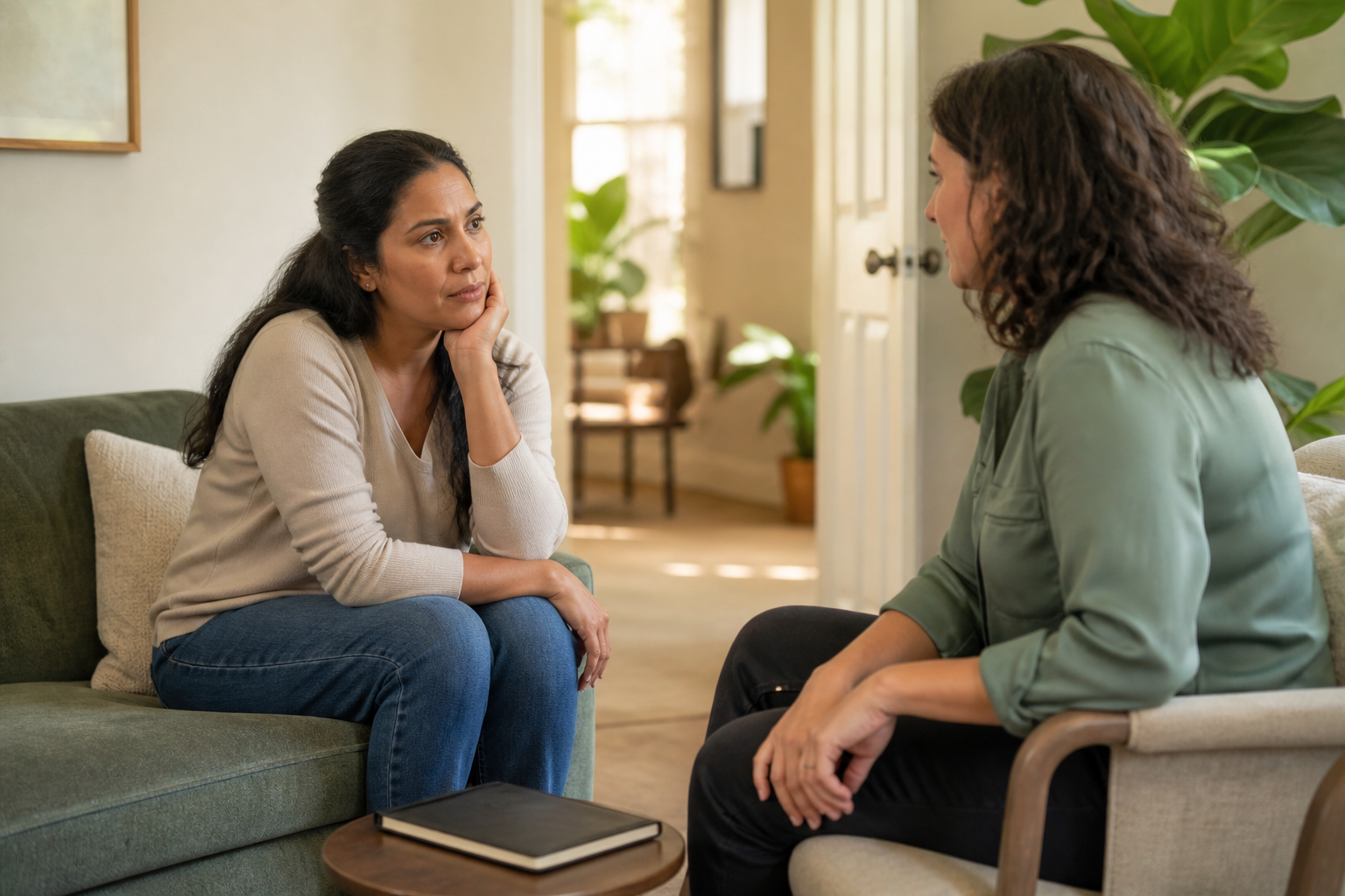 A parent talks with a mental health professional in a calm, softly lit counseling room.