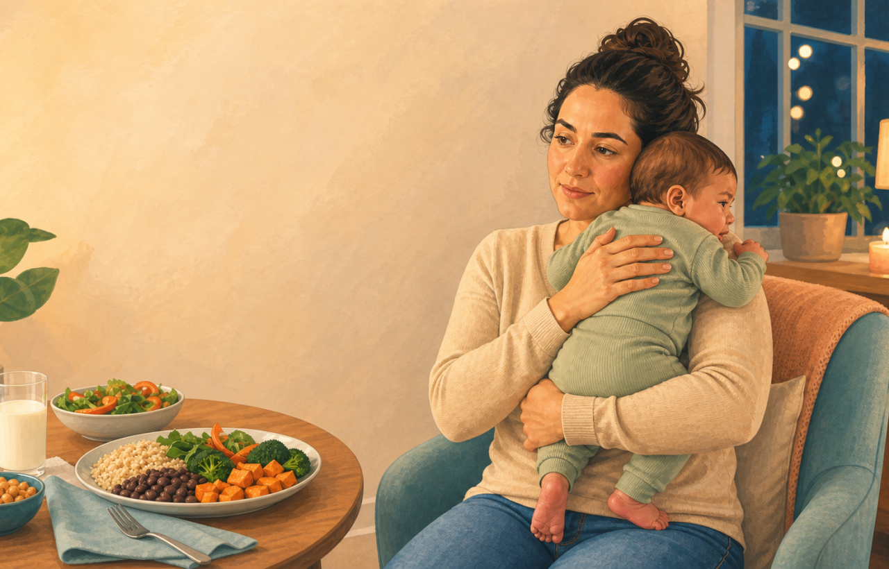 A breastfeeding parent holds a mildly squirming baby upright beside a table with a varied, balanced dinner.