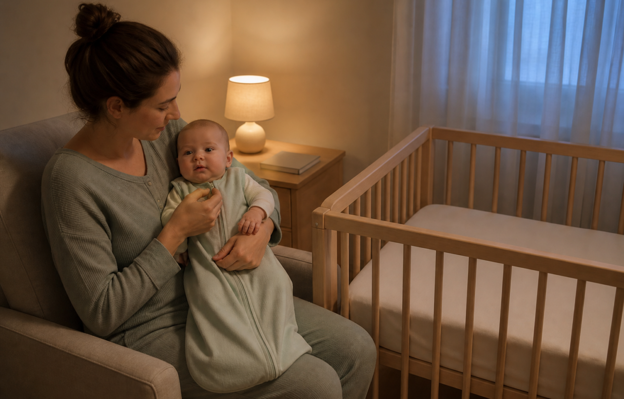 A caregiver holds an awake infant beside an empty crib while preparing the baby for sleep in a softly lit nursery.