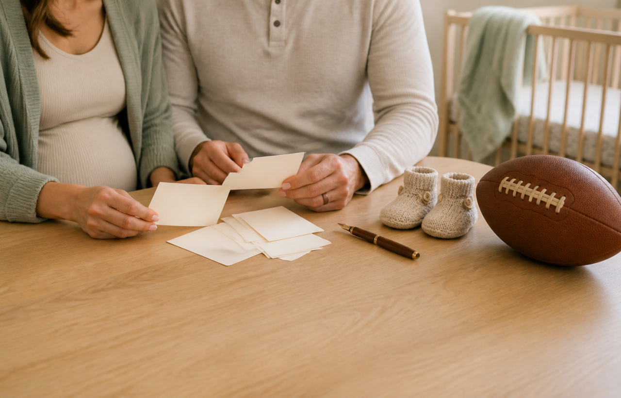 Expectant parents arrange blank name cards beside baby booties and an unbranded football in a sunlit nursery.