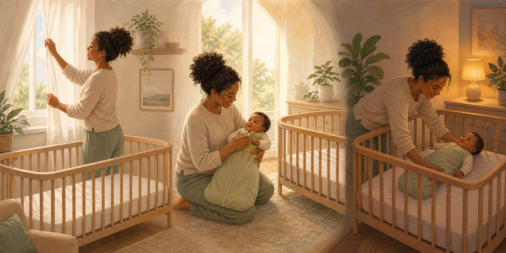 Three illustrated scenes show a caregiver repeating the same infant sleep routine in morning, afternoon, and evening light.