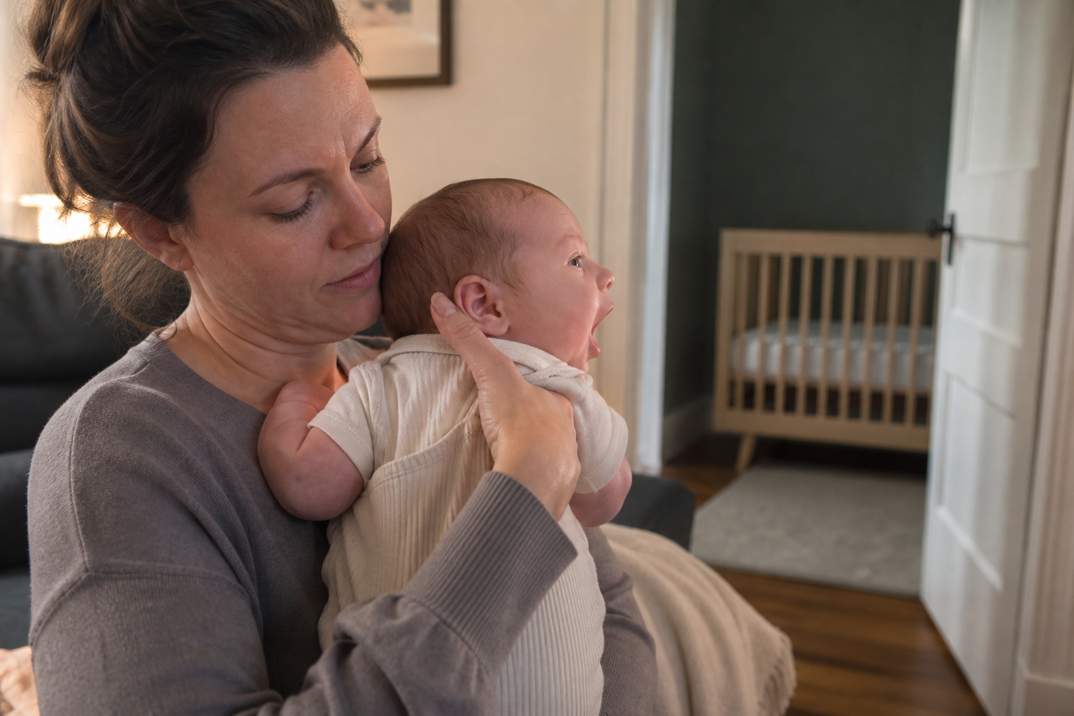 A caregiver watches an awake infant yawn and turn away from the light while holding the baby securely near a nursery.