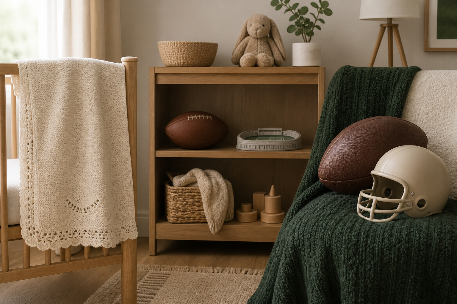 Three nursery vignettes use increasingly noticeable football details, from subtle stitching to a ball and helmet-shaped toy.