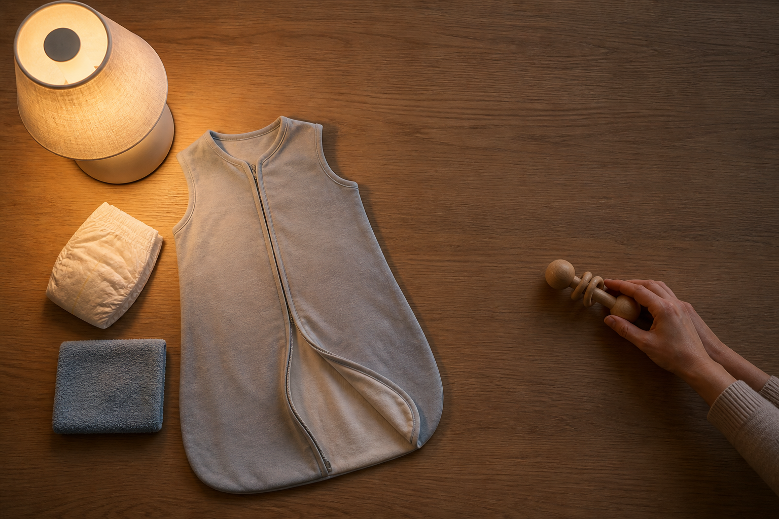 A caregiver's hands move a rattle away from a sleep sack, diaper, washcloth, and dim lamp arranged on a wooden surface.