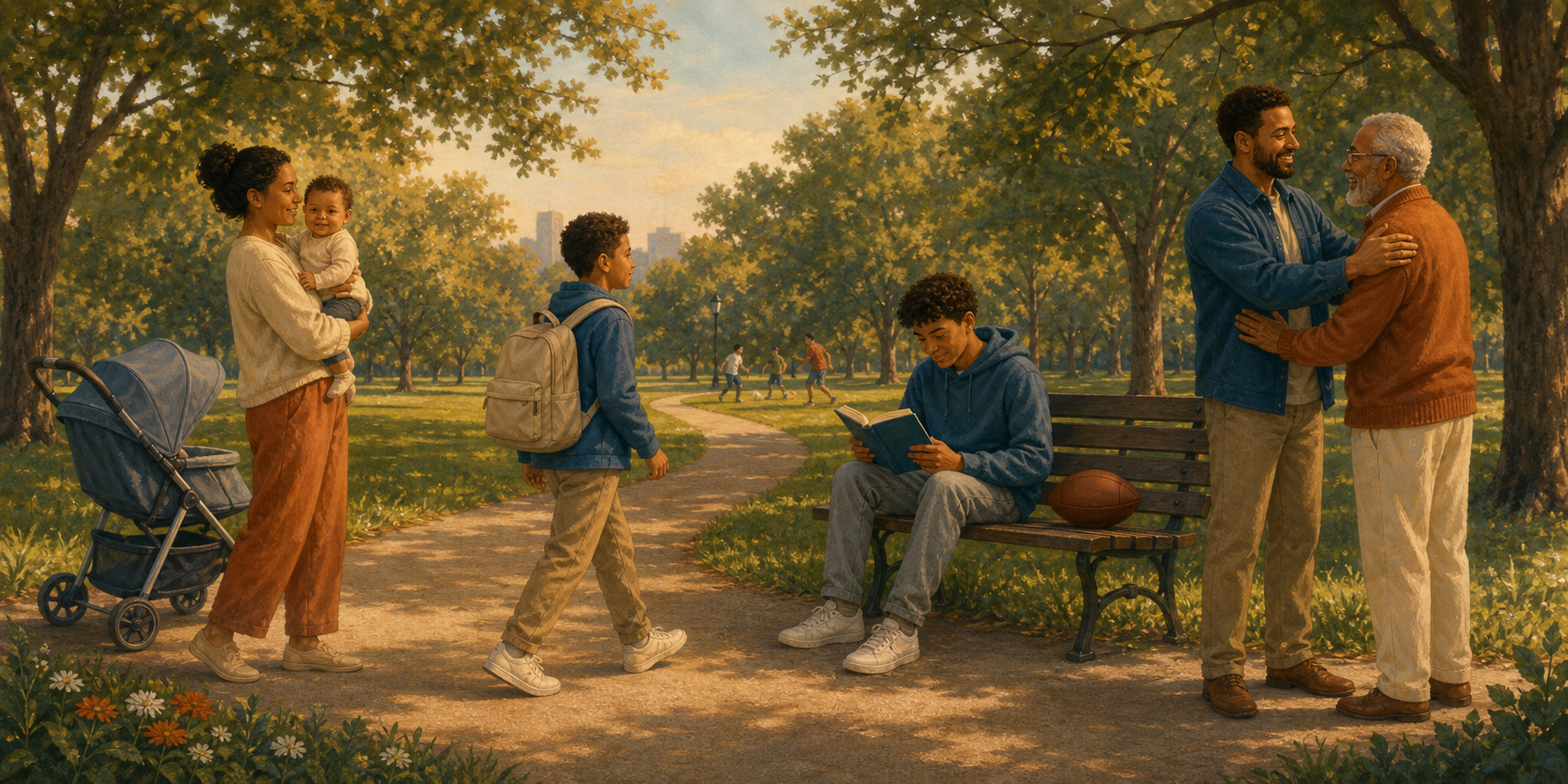 A continuous park scene shows a baby, child, teenager, adult, and older relative at different stages of everyday life.