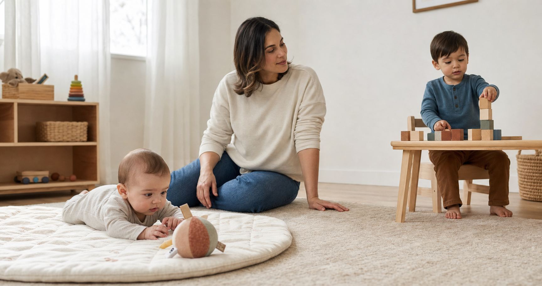 A baby reaches for a soft toy on a play mat while a toddler stacks wooden blocks at a low table and a caregiver sits between them.