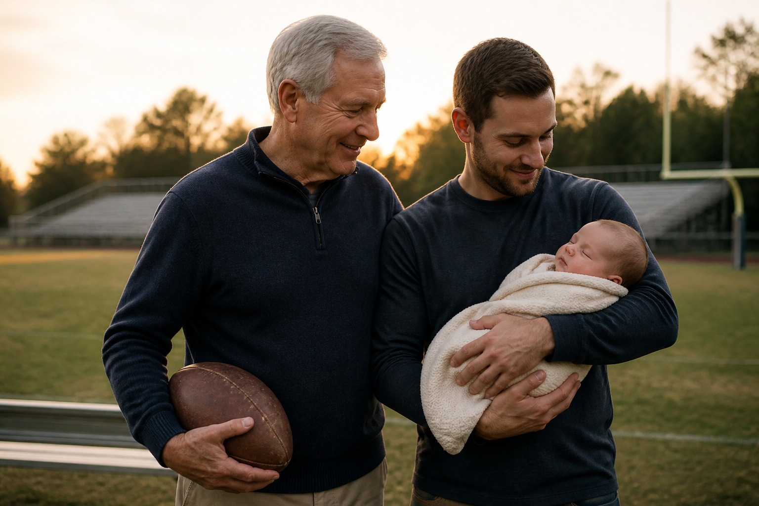 An older adult and a parent with a sleeping baby share a quiet moment beside an empty football field.