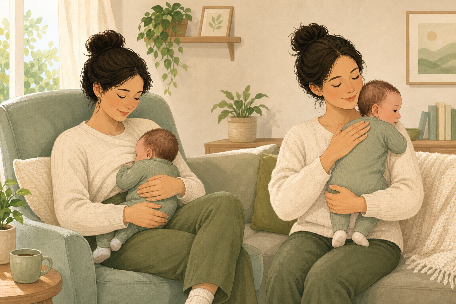 A parent breastfeeds in a semi-reclined position and then holds the baby upright for burping.