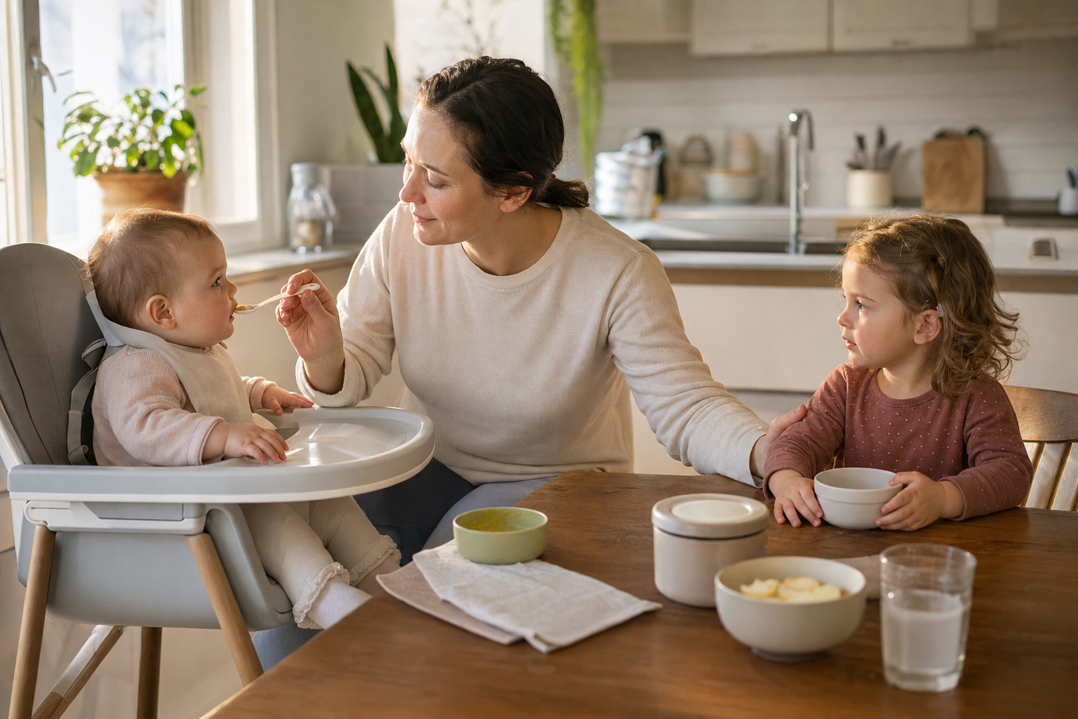 A caregiver feeds a baby in a high chair while reassuring a toddler waiting beside the table.