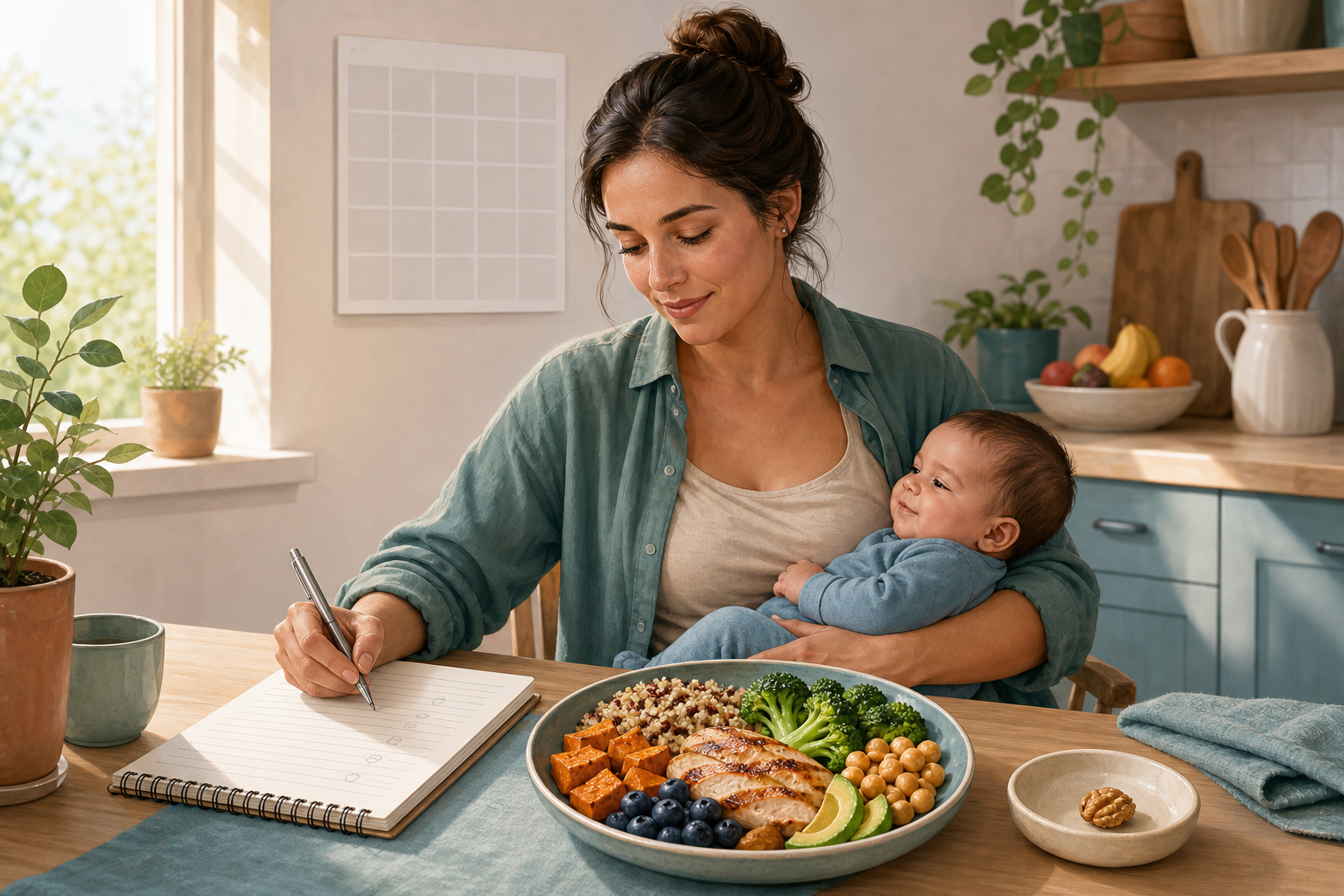 A parent holds a baby while keeping a simple food diary beside a varied meal and one separately placed ingredient.