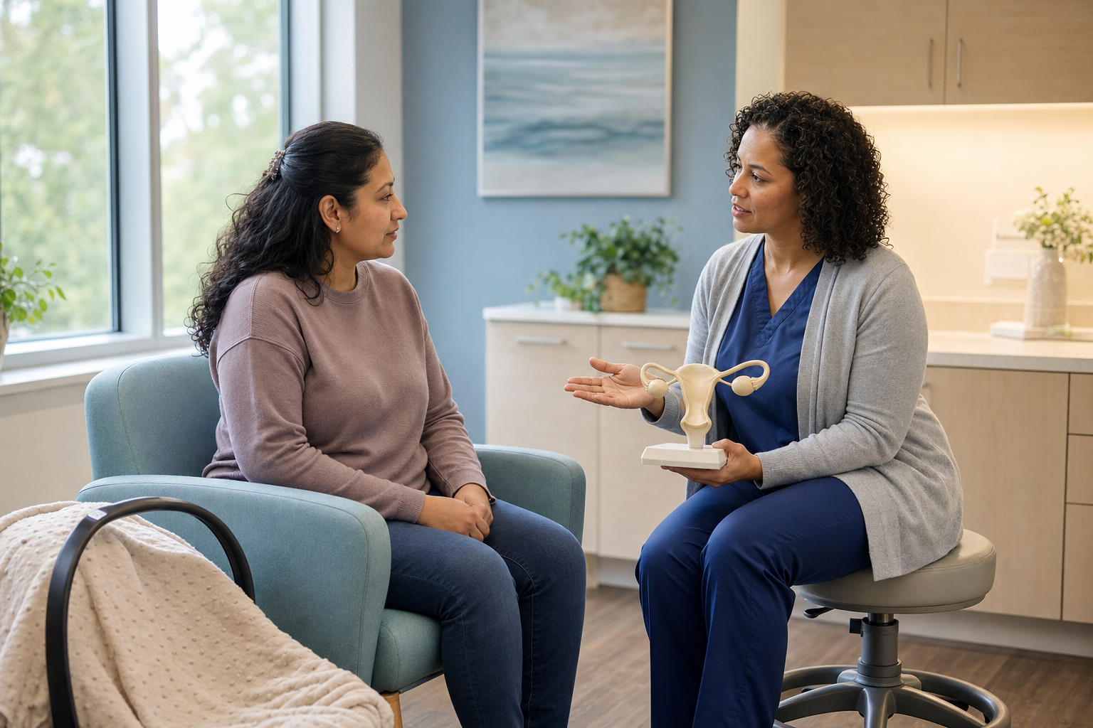 An adult patient speaks with a clinician in an examination room while an infant carrier rests beside the patient's chair.