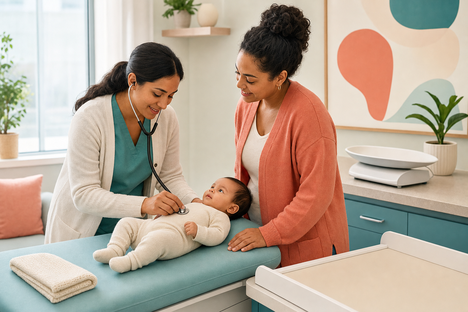 A health-care professional examines an alert infant in a clinic while the parent stands nearby.