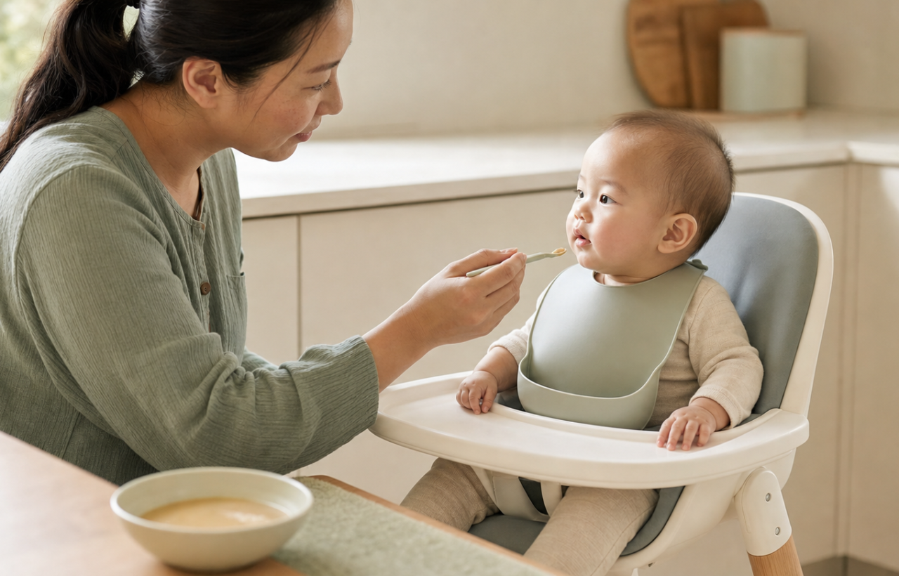 A caregiver offers a small spoonful of smooth peanut-containing puree to a baby sitting upright in a high chair.