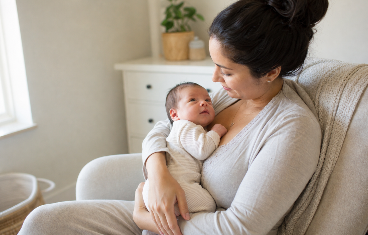 An alert newborn rests against a seated parent's chest and looks up at the parent's face in a softly lit nursery.