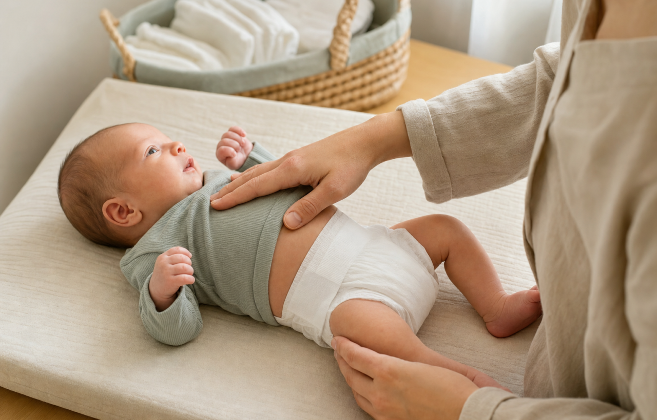 A parent gently fastens a plain white diaper on a newborn lying on a padded nursery changing mat.