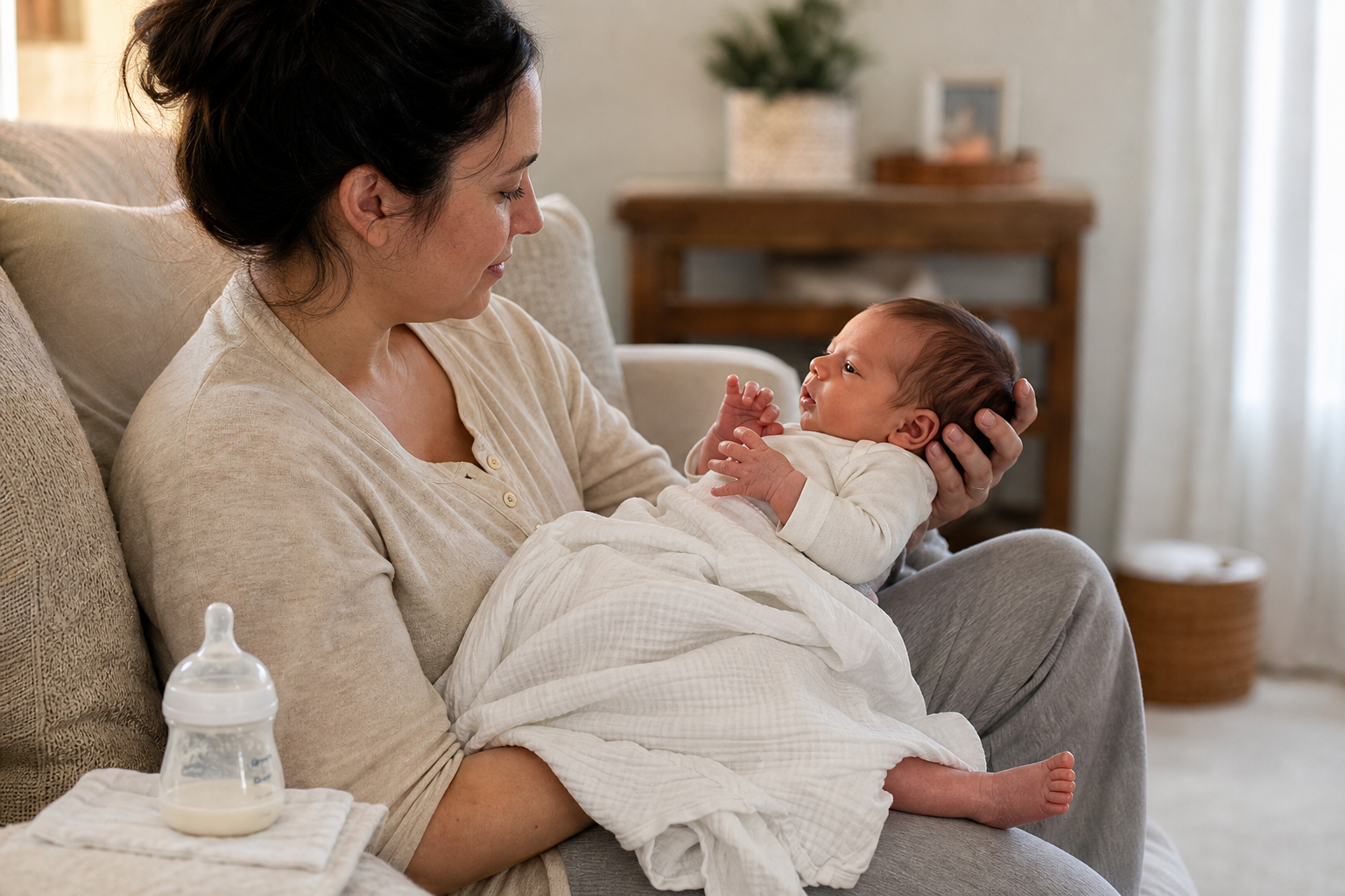 A caregiver supports a newborn's head and body during a feeding pause as the baby flexes its hands and stretches one leg.