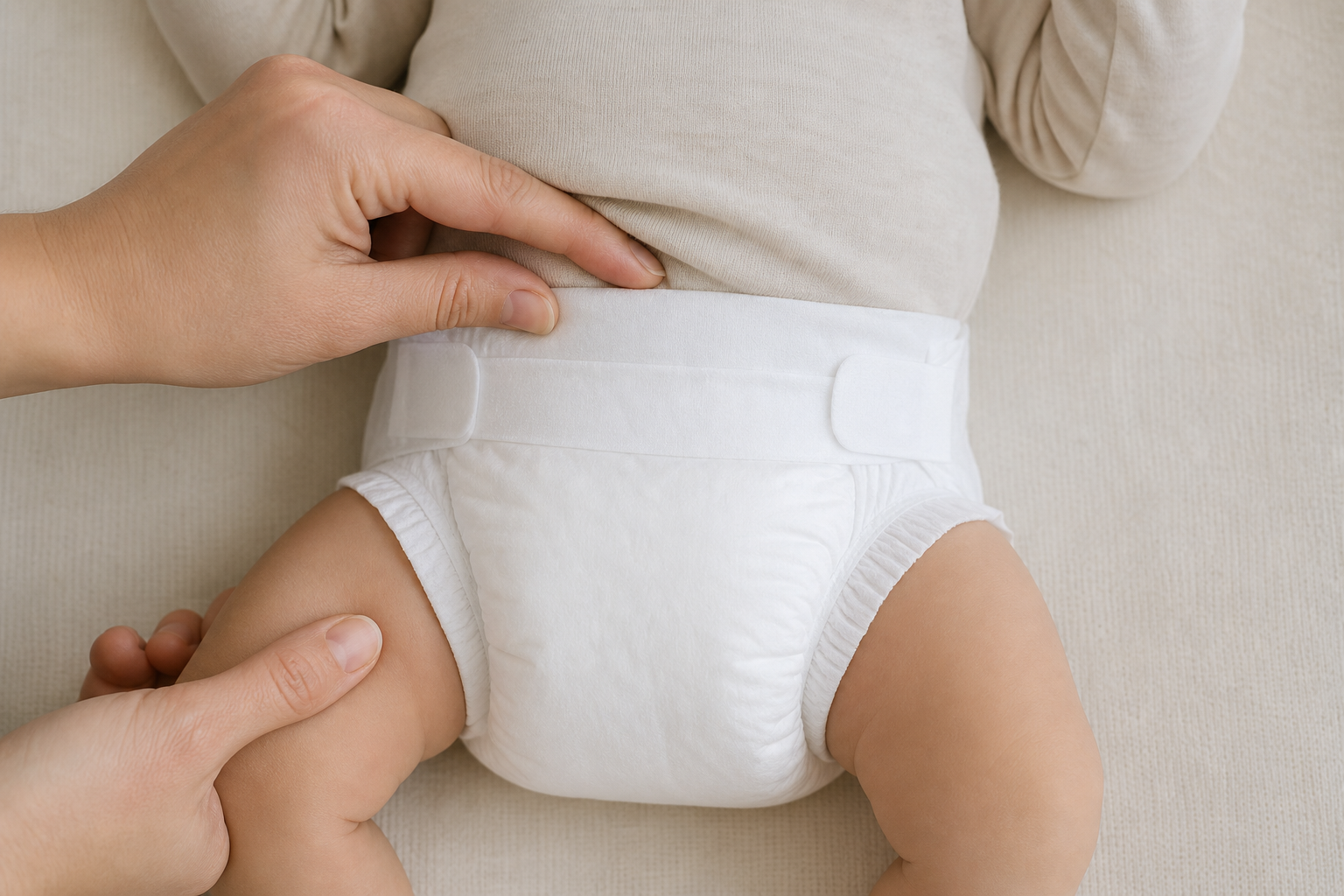 Close-up of a parent checking the waistband space and smoothing the leg cuff of a newborn's plain white diaper.