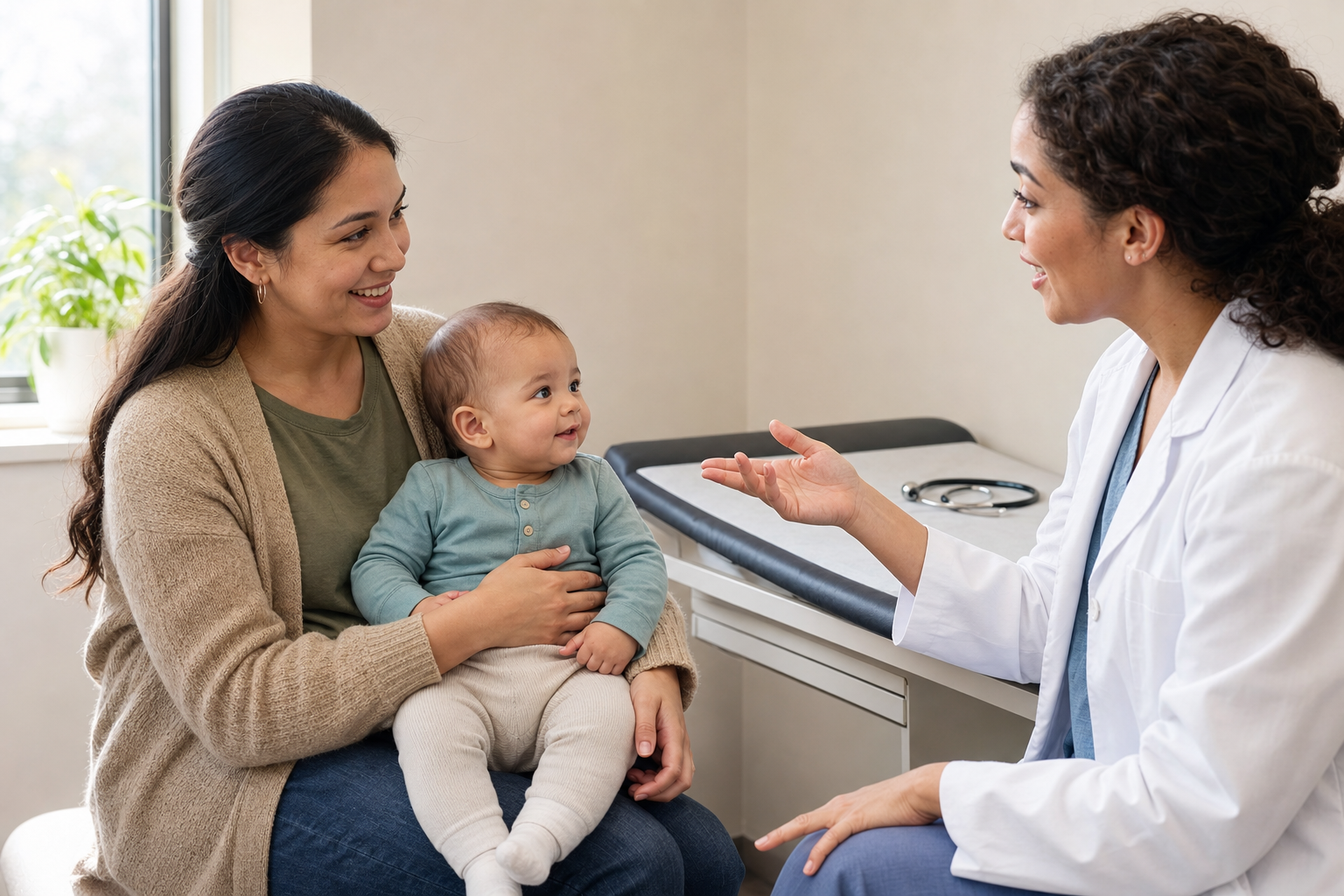 A parent holding a baby speaks with a pediatric clinician in an examination room.