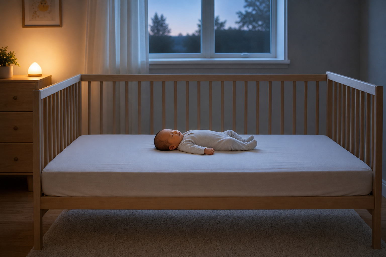 A newborn sleeps on their back in an empty crib on a firm flat mattress with a fitted sheet.