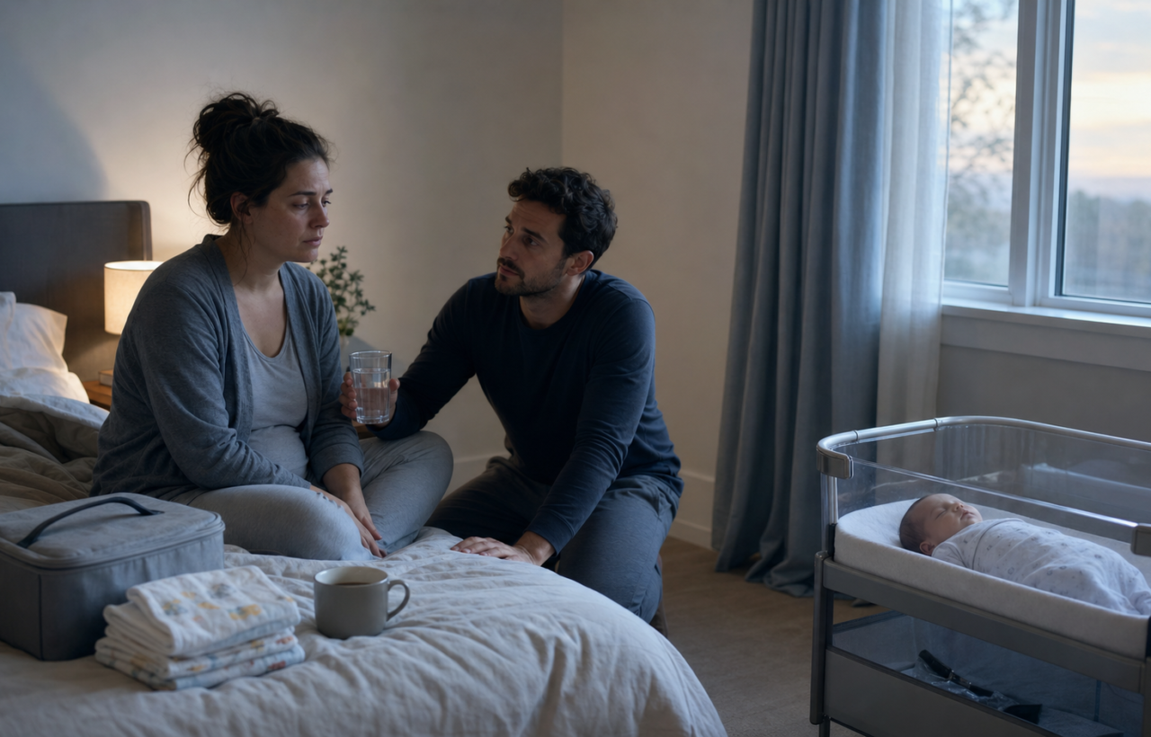 An exhausted new parent sits on the edge of a bed while a partner offers water and a newborn sleeps in a bedside bassinet.