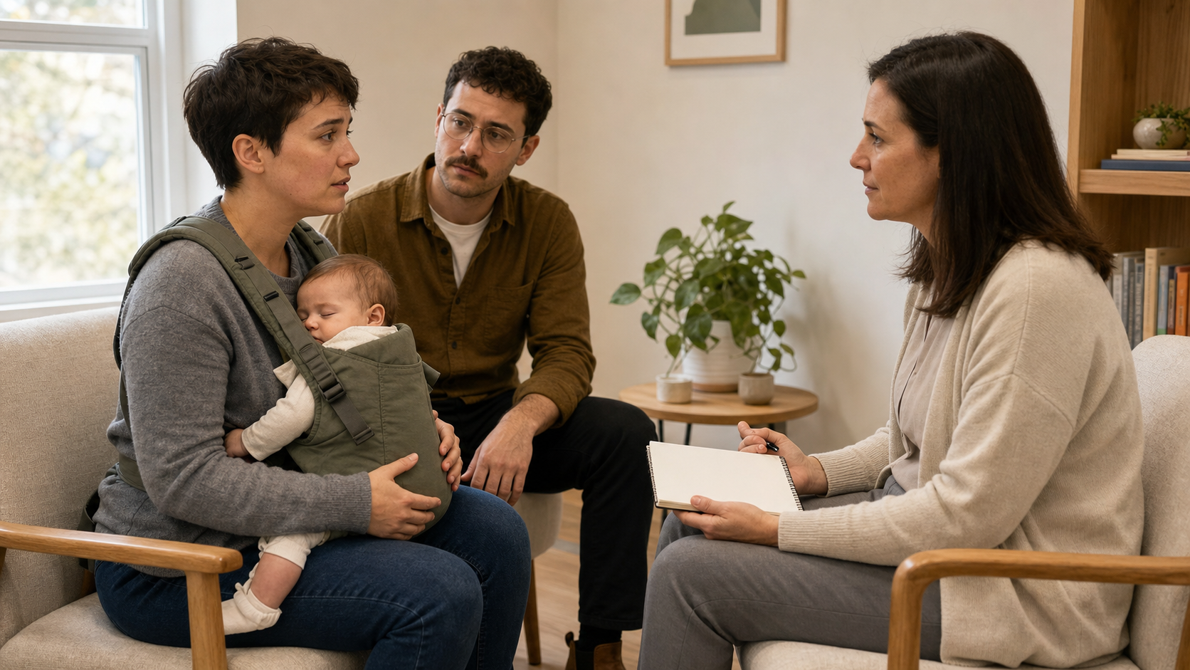 A new parent holding a sleeping baby speaks with a healthcare professional while a support person sits nearby in a clinic room.