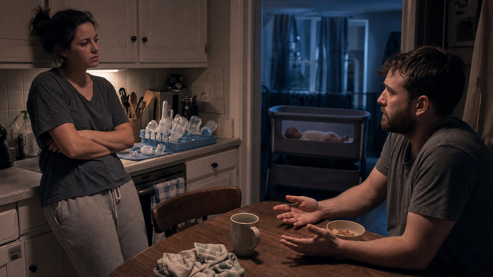 Two exhausted parents pause during a tense late-night conversation in a kitchen while their baby sleeps in a bassinet in the next room.
