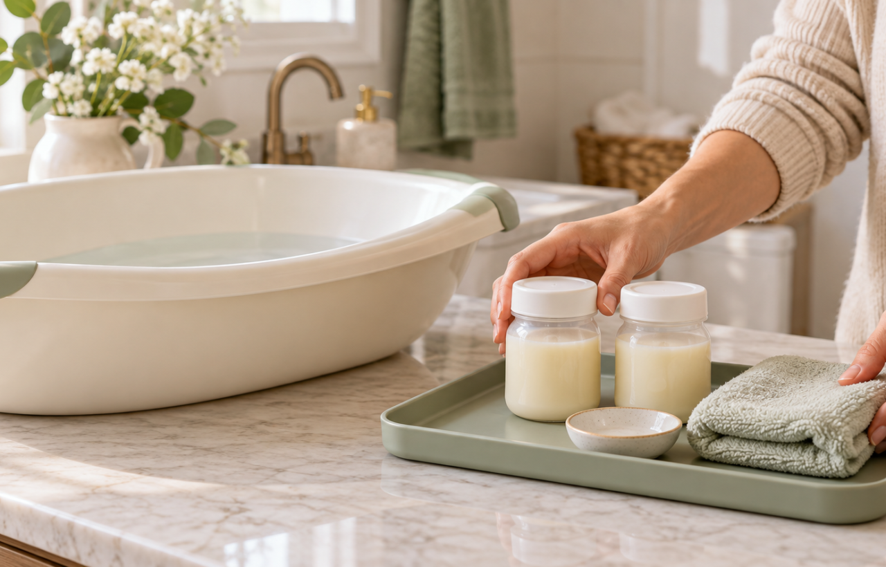 Sealed containers of expressed breast milk on a clean tray beside a shallow bath basin, folded washcloth, and small ceramic dish.