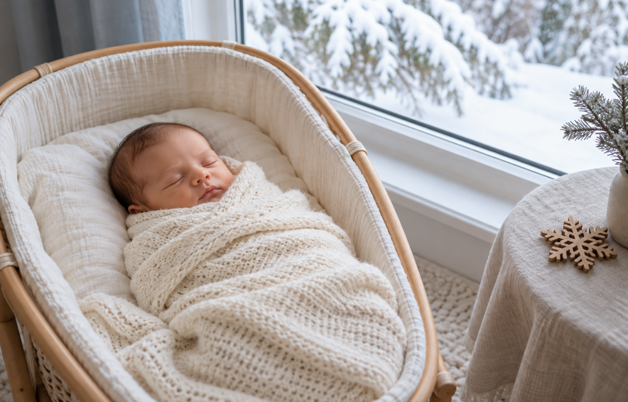 A newborn sleeps in an ivory blanket beside a window overlooking snow-covered evergreen branches.